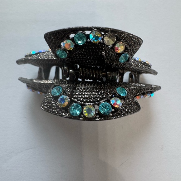 Chic Black Hair Clip with Blue and Iridescent Gems - Picture 3 of 4